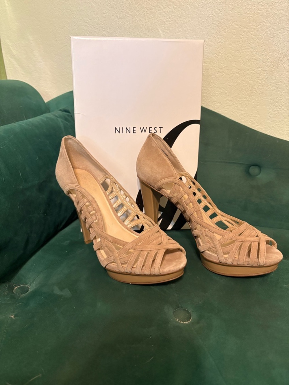 Nine West Taupe Suede Strappy Peep-Toe Heels